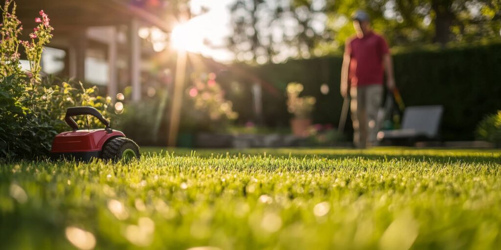 Backyard landscape cut grass