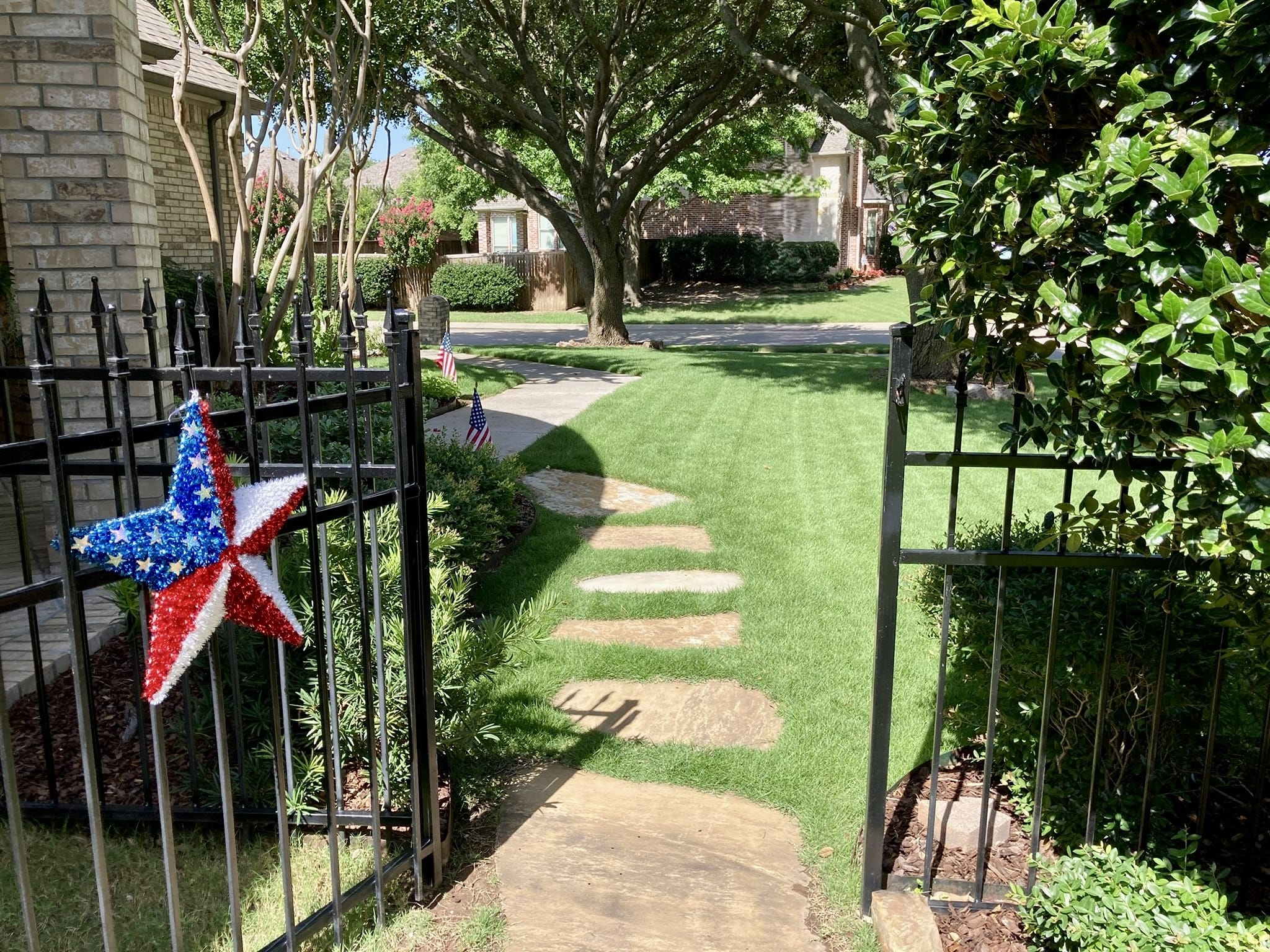 Lush lawn maintained through fertilization and weed control