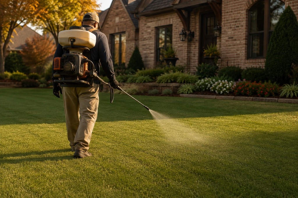 Lawn technician applying fall pre-emergent to a North Texas lawn